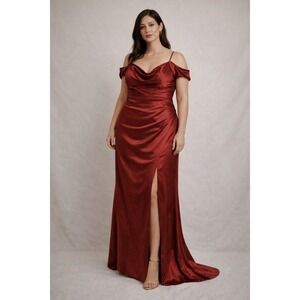 Galina Signature Cinnamon Red Satin Off Shoulder Cowl Neck Gown Dress 12 SWG843